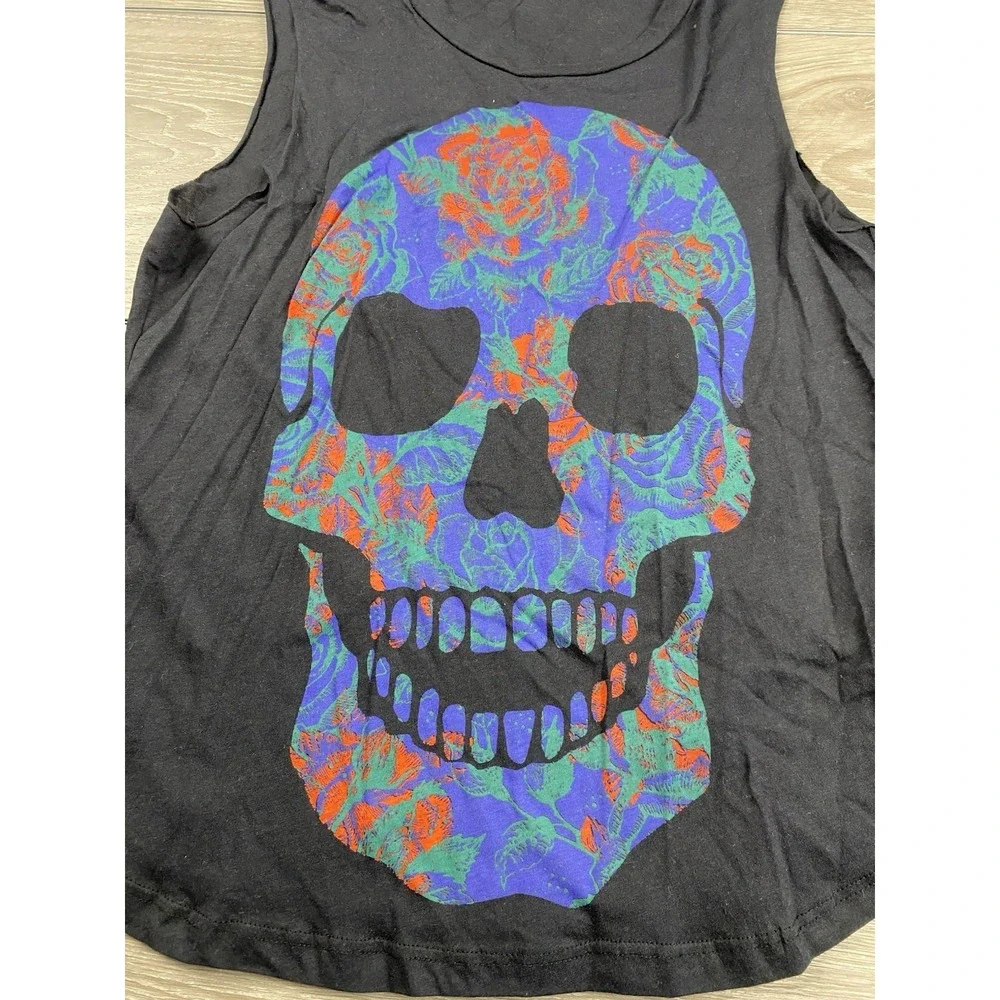 Audrey 3+1 Women's Sleeveless Rose‎ Patterned Skull Design Top Black Size Large